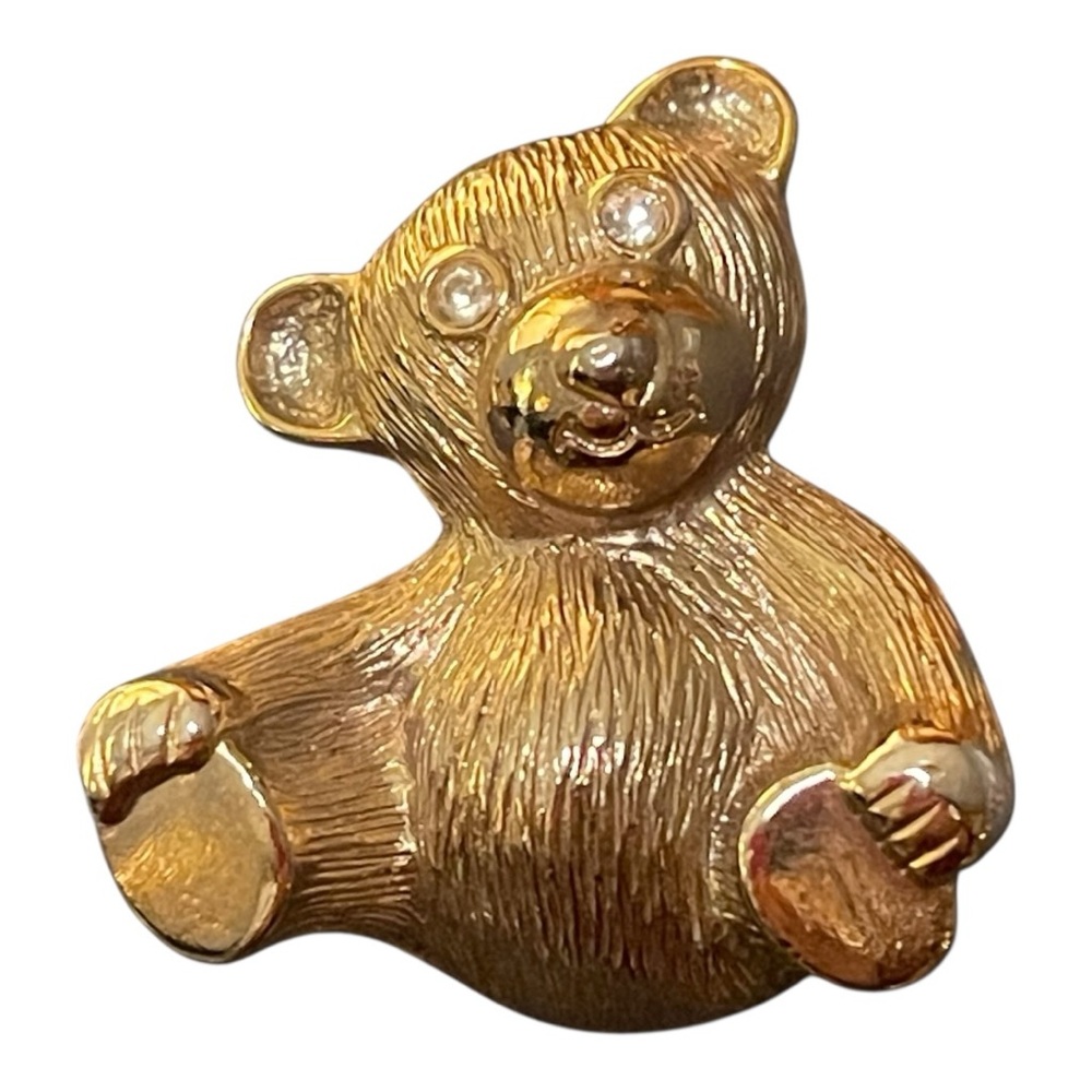 Vintage Brass Gold Tone Teddy Bear Brooch Pin With Crystal Rhinestone Eyes 1.5”